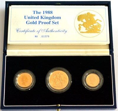 Lot 47 - 3-Coin Gold Proof Collection 1988 comprising: £2, sovereign & half sovereign, with cert, in...