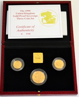 Lot 49 - 3-Coin Gold Proof Collection 1990 comprising: £2, sovereign & half sovereign, with cert, in...