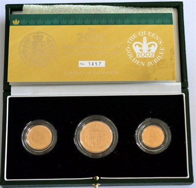 Lot 57 - 17. 3-Coin Gold Proof Collection 2002, 'Royal Arms' revs, comprising: £2, sovereign & half...
