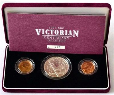 Lot 78 - Victoria Centenary 1901 - 2001, a 3-coin set comprising: silver proof £5 with 'reverse frosting'