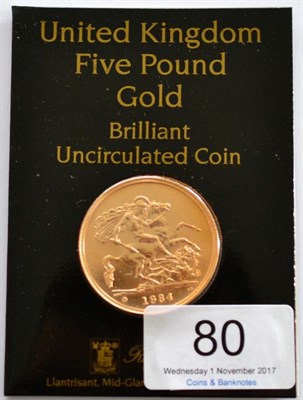 Lot 80 - Gold £5 1984, bullion type, sealed in RM presentation card BU