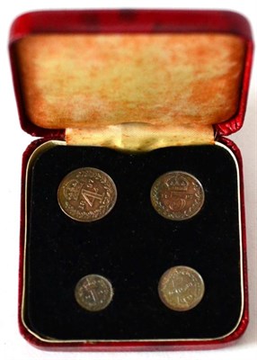 Lot 94 - Maundy Set 1897, 4d, 3d, 2d & 1d, all with matching deep blue/gold tone, in modern case, UNC