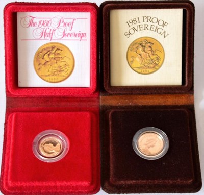 Lot 97 - Proof Sovereign 1981 with cert, in CofI, FDC, together with proof half sovereign 1980, with...