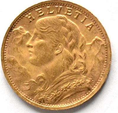Lot 124 - Switzerland, Gold 20 Francs 1947B, 6.44g, .900 gold; generally good edge & surfaces, AEF