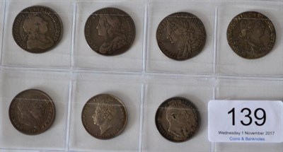 Lot 139 - 7 x Pre-Victoria Shillings comprising: 1721/0 roses & plumes in angles, bust VG o/wise Fine...