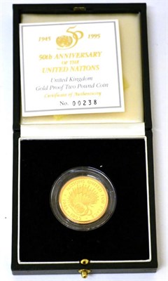 Lot 144 - Gold Proof £2 1995 '50th Anniversary United Nations,' with cert, in CofI, FDC