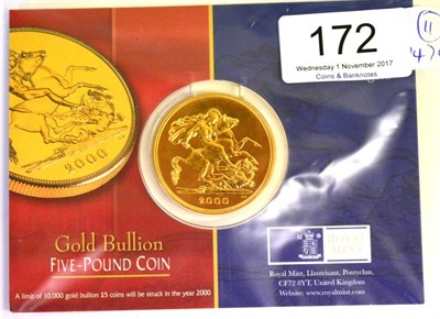 Lot 172 - Gold £5 2000, bullion type, sealed in a RM presentation card, BU