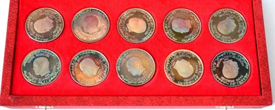 Lot 195 - Tunisia, a Complete Set of 10 x Silver Dinars 1969 NI, in the 'History of Tunisia' series;...