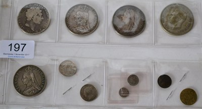 Lot 197 - 9 x English Silver Coins comprising: 4 x crowns: 1820 LX contact marks VG, 1889 obv contact...