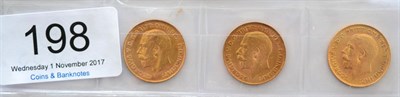 Lot 198 - George V, 3 x Half Sovereigns: 1912, 1913 & 1914 VF to GVF