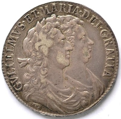 Lot 268 - William & Mary Halfcrown 1689 PRIMO, first busts, first crowned shield, crown with caul &...