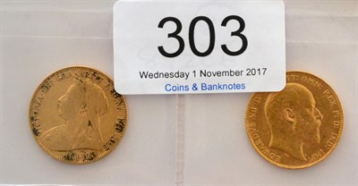 Lot 303 - 2 x Sovereigns: 1899 ingrained dirt in legends, bust VG o/wise Fine & 1910 minor marks o/wise...