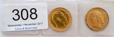 Lot 308 - Edward VII, 2 x Half Sovereigns 1904, one with contact marks & sometime cleaned AVF, other Fine