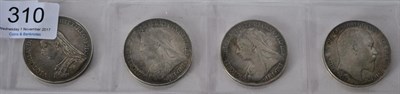 Lot 310 - 4 x Crowns comprising: 1887 light contact marks & small obv rim nick at 11 o'clock AVF, 1897...