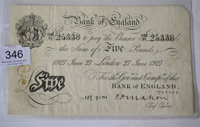 Lot 346 - Bank of England White £5 Mahon, London 27 June 1927; vertical & horizontal creases,...