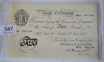 Lot 347 - Bank of England White £5 Peppiatt, London, 27 June 1947, M55; small grease(?) spots near...