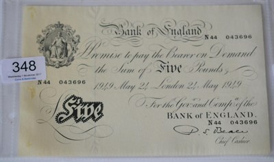 Lot 348 - Bank of England White £5 Beale, London, 24 May 1949, N44; small grease(?) spots near left...