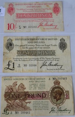 Lot 351 - 3 x Bradbury Treasury Notes comprising: 10 shillings 2nd issue (Jan 1915) P/16. £1 2nd issue...