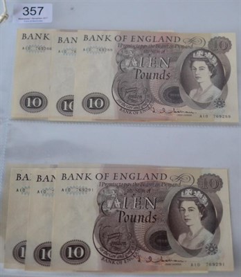 Lot 357 - Bank of England, a Consecutively Numbered Run of 10 x £10 Notes, Hollom Series 'C' Portrait...