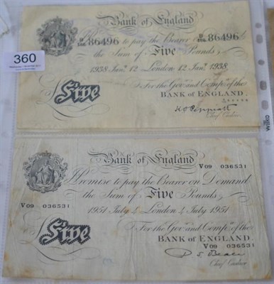 Lot 360 - Bank of England 3 x White £5 comprising: Peppiatt, London 12 Jan 1938, B/166, creases & handling