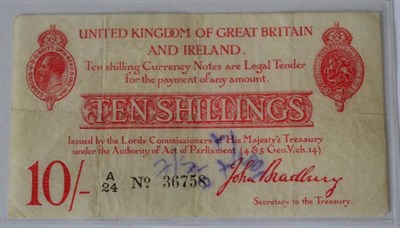 Lot 366 - Treasury Note 10 Shillings Bradbury second issue (Jan 1915) A/24; vertical & horizontal...