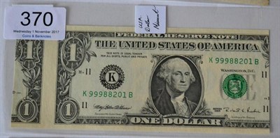 Lot 370 - USA 1 Dollar Error Note, series 1995; horizontally miscut with part of adjoining note attached UNC