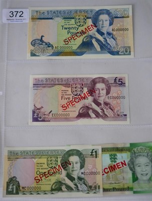 Lot 372 - Jersey, a Set of 4 x Specimen Notes comprising: £20  L May, AC 000000, £5 G Baird EC...