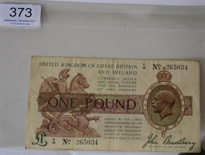 Lot 373 - Treasury Note £1, Bradbury third Issue (Jan 1917) G/10; vertical centre crease, light wrinkles &