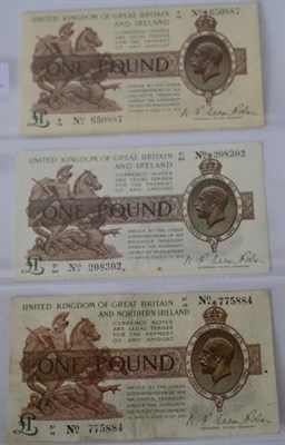 Lot 374 - 3 x £1 Treasury Notes: Warren Fisher first issue (Sept 1919), R/14, very faint vertical...