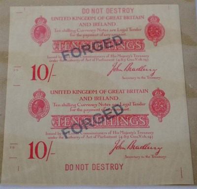 Lot 376 - An Uncut Pair of Bradbury 10 Shilling Notes, second issue type (Jan 1915), each stamped FORGED...