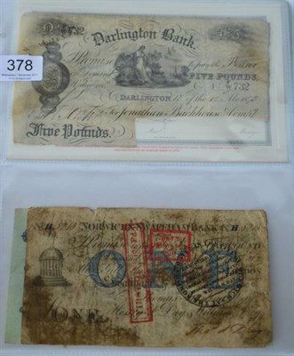 Lot 378 - 4 x Miscellaneous Banknotes comprising: (1) Darlington Bank £5 1878 for Jonathan Backhouse &...