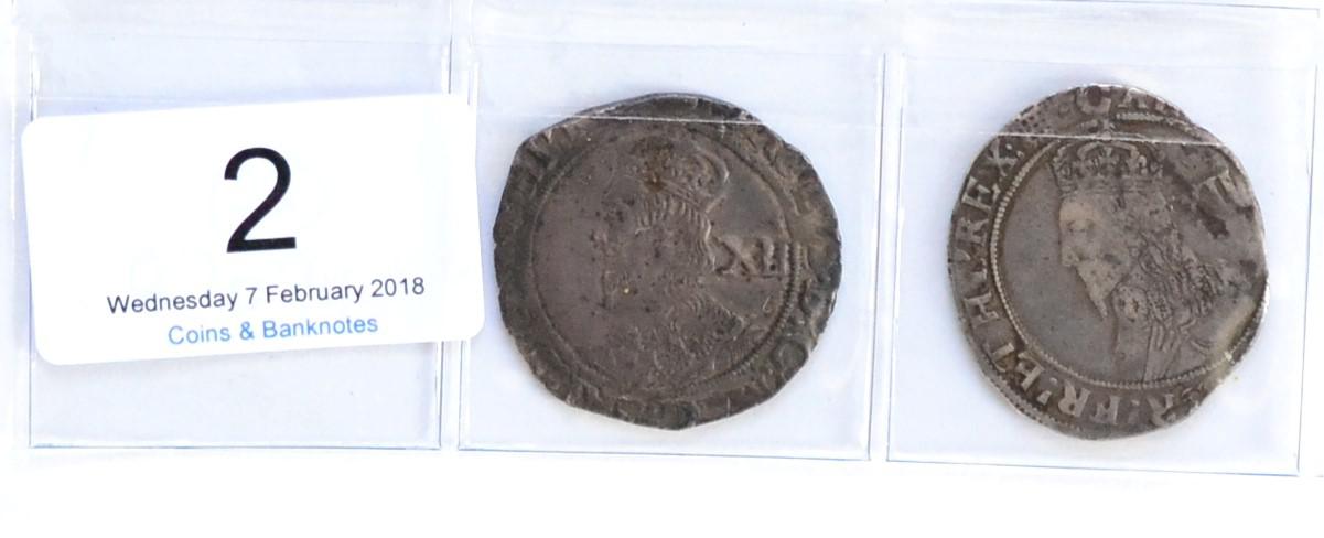 Lot 2 - Charles I, 2 x Shillings: (1) MM triangle in circle; obv. sixth large 'Briot's' bust with...
