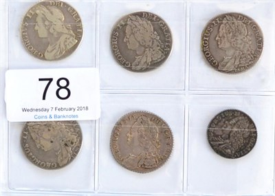 Lot 78 - George II, 5 x Shillings comprising: 1734 roses & plumes in angles AFine/GFine, 1743 roses in...