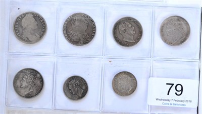 Lot 79 - 5 x Pre-Victoria Shillings comprising: William III 1697 first draped bust Fair/VG, George III...