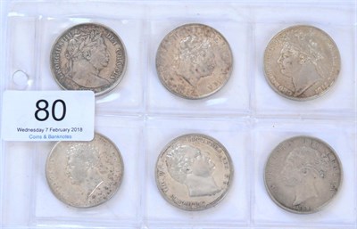 Lot 80 - 6 x Halfcrowns comprising: George III 1817 laureate bust ('bull' head), a few faint hairlines...