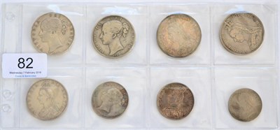 Lot 82 - Victoria, 8 x Silver Coins comprising: 4 x crowns: 1845 cinquefoil stops, contact marks, edge bumps