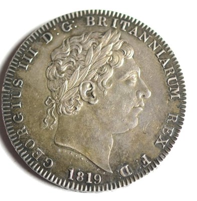 Lot 113 - George III Crown 1819 LIX minor contact marks/hairlines, good edge, attractively toned with...