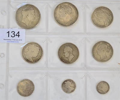 Lot 134 - 9 x Miscellaneous English Silver Coins comprising: 2 x crowns: 1819 LX contact marks, scratches...