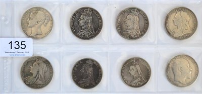 Lot 135 - Victoria, 5 x Crowns comprising: 1844 VIII star stops, 1888, 1890, 1895 LIX & 1899 LXII & 2 x...