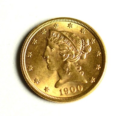 Lot 140 - USA, Gold 5 Dollars 1900, 'Coronet Head,' 8.36g, .900 gold, good edge & surfaces EF