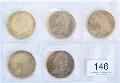 Lot 146 - Victoria, 5 x 'Old Head' Crowns: 1893 LVI, 1897 LX, 1898 LXI, 1899 LXIII & 1900 LXIV, all with...