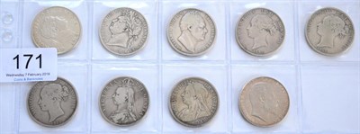 Lot 171 - 9 x Halfcrowns comprising: 1818, 1820 (George IV) scratches on bust, 1836, 1846 Fine, 1885, 1887YH