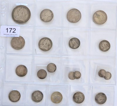 Lot 172 - Victoria, 15 x Silver Coins comprising: crown 1893 LV1, 5 x florins: 1849 'Godless,' bust Fair...