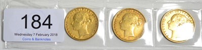 Lot 184 - Victoria, 3 x Sovereigns comprising: 1874M AVF, 1875S Fine/AVF & 1876S VF, all St George &...