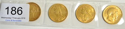 Lot 186 - 4 x Sovereigns comprising: Victoria: 1877M, 1887M & 1894 & Edward VII 1910S, GFine to VF