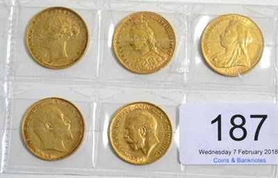 Lot 187 - 5 x Sovereigns comprising: Victoria: 1883M, 1888M & 1900P, Edward VII 1904 & George V 1917P,...