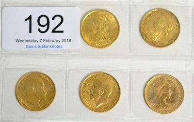 Lot 192 - 5 x Half Sovereigns comprising: Victoria: 1887 AEF & 1897S scratch on bust o/wise VF, Edward...