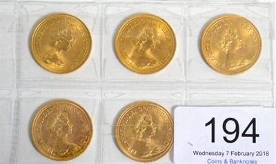 Lot 194 - Elizabeth II, 5 x Sovereigns comprising: 1974(x2), 1976, 1979 obv surface marks & 1981,...