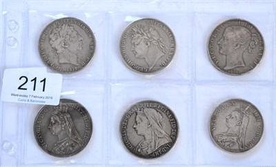 Lot 211 - 5 x Crowns comprising: 1819 LIX contact marks, digs on rev, Fine,  1822 SECUNDO obv light...