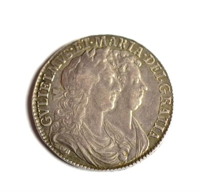 Lot 213 - William & Mary, Halfcrown 1689 PRIMO, first busts, first shields, crown with pearls, caul only...